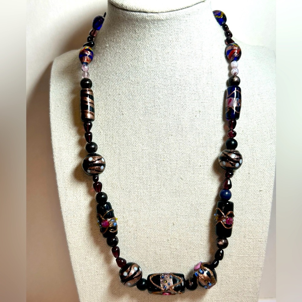 Vintage Venetian Murano Wedding Cake glass beaded necklace 20”long Black Cobalt